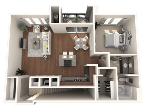 A 3D floor plan of a small apartment with a kitchen, living room, and bedroom.